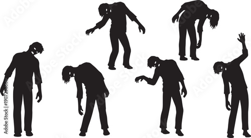 Black Solid Zombie Heads Lolling Silhouettes Set of Six on White Background