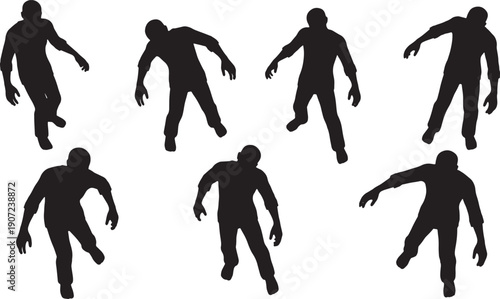 Black Solid Zombie High Angle View Silhouettes Set of Six on White Background