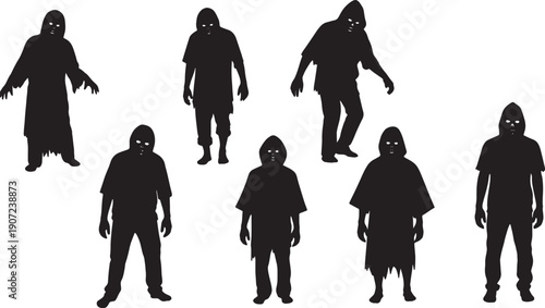 Black Solid Zombie Hoods or Cloaks Silhouettes Set of Six on White Background