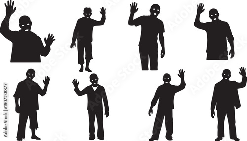 Black Solid Zombie Greeting Ironic Silhouettes Set of Six on White Background