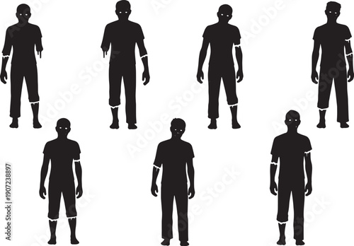Black Solid Zombie Limb Injuries Silhouettes Set of Six on White Background