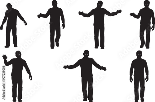 Black Solid Zombie Shambling Forward Silhouettes Set of Six on White Background