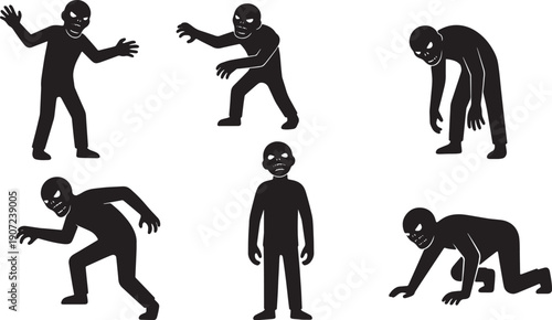 Black Solid Zombie Sharpened Teeth Silhouettes Set of Six on White Background