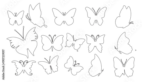 Dotted butterfly outlines in a monochrome white collection, ideal for decorative graphic design elements and patterns