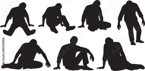 Black Solid Zombie Sitting Slumped Silhouettes Set of Six on White Background
