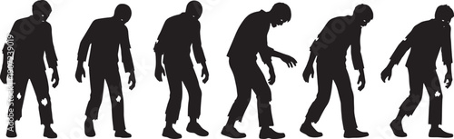 Black Solid Zombie Shuffling Sideways Silhouettes Set of Six on White Background