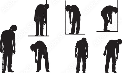 Black Solid Zombie Slumped Against Walls Silhouettes Set of Six on White Background