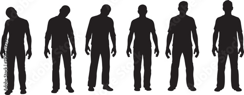 Black Solid Zombie Standing Motionless Silhouettes Set of Six on White Background