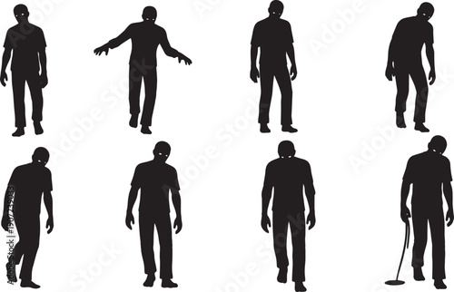 Black Solid Zombie Snowy Landscape Silhouettes Set of Six on White Background