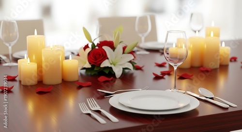 Romantic dinner table setting with lit candles, red roses, white lilies, wine glasses, and rose petals for Valentine's Day.