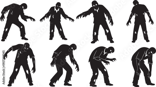 Black Solid Zombie Tattered Clothing Silhouettes Set of Six on White Background