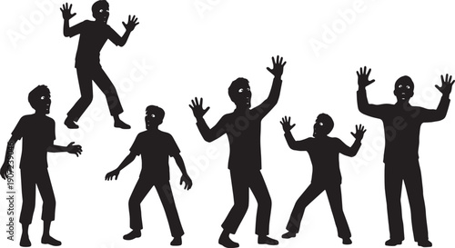 Black Solid Zombie Surprised Silhouettes Set of Six on White Background