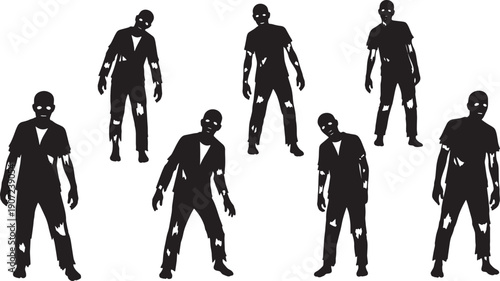 Black Solid Zombie Torn Clothing Silhouettes Set of Six on White Background