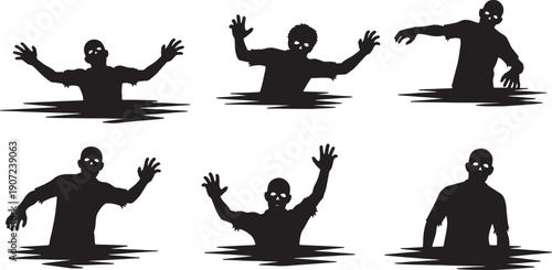 Black Solid Zombie Swimming or Wading Silhouettes Set of Six on White Background