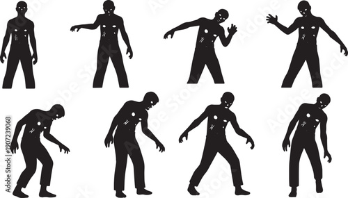 Black Solid Zombie Torso Injuries Silhouettes Set of Six on White Background