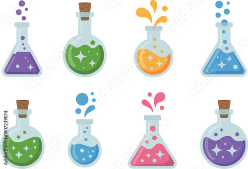 Magic potions and elixir bottles collection vector for fantasy RPG game assets alchemy laboratory concepts and mystical brewing illustrations