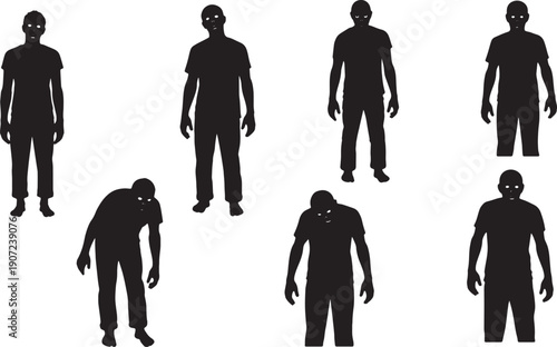 Black Solid Zombie Vacant Stares Silhouettes Set of Six on White Background