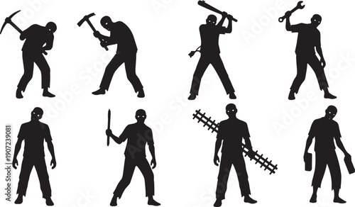 Black Solid Zombie with Weapons or Tools Silhouettes Set of Six on White Background
