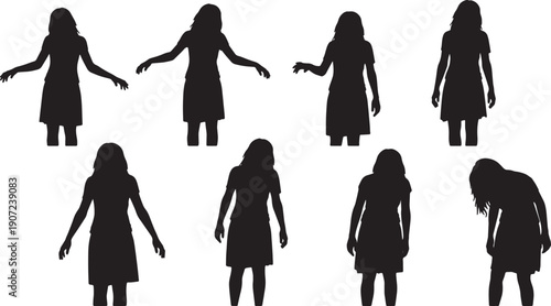 Black Solid Zombie Women Silhouettes Set of Six on White Background