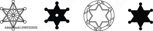 Abstract six point star symbol icon set featuring geometric sacred patterns, sheriff badge shapes, and ornamental designs in black minimal vector style