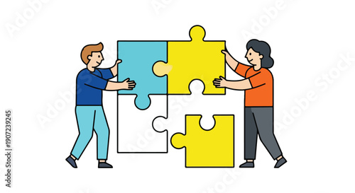 Vector illustration of two people assembling a four-piece puzzle, teamwork and collaboration concept, isolated on white