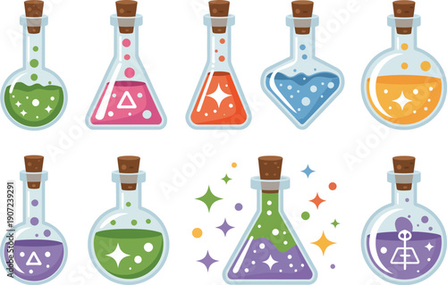 Fantasy magic potions with floating particles vector for RPG game interface mystical brewing icons and colorful elixir bottle illustrations