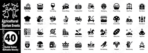 Agricultural tourism events solid color icons. Collection of farm stay, harvest fest, wine tasting, cheese making, pumpkin patch, and tractor ride vector illustration.
