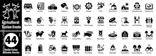 Agricultural tourism events solid color icons.  Featuring hayride, corn maze, pumpkin patch, petting zoo, farm dinner, workshop, and u-pick vector illustration.