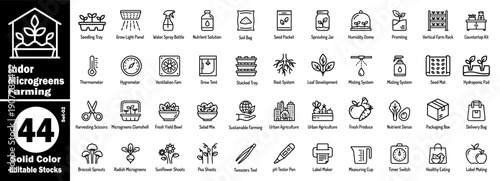 Indoor microgreens farming solid color editable stocks set. Cultivating fresh, nutrient-rich greens in controlled indoor environments. essential tools and processes vector illustration.