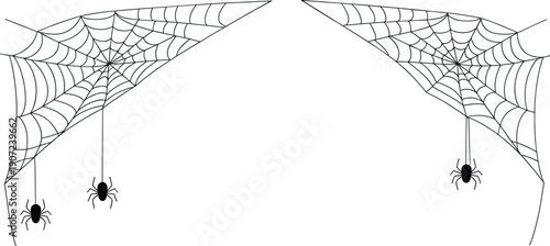 Halloween spider web corner frame with three hanging spiders, minimalist black line art illustration on white background, spooky cobweb border design for banners and templates.