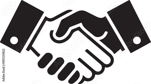 Illustration of black and white icon of two hands shaking in agreement or partnership