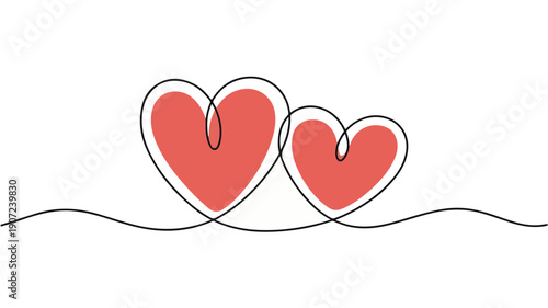 One-Line Art Illustration of Linked Hearts Symbolizing Love and Unity