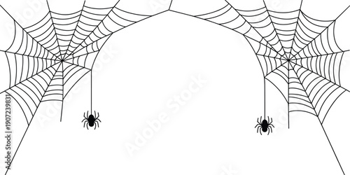 Halloween spider web frame with hanging spiders, minimalist black line art illustration on white background, spooky cobweb border design for banners, invitations, posters, and templates.