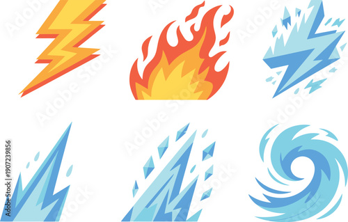 Elemental magic icons set with fire ice and lightning vector for game ability design fantasy RPG skills and mystical power symbols