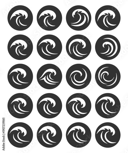 Abstract wave icons set, ocean water swirl motion and marine vector symbols on transparent background