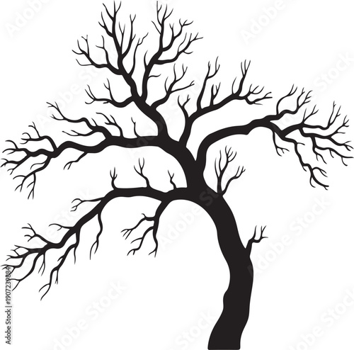 Illustration of silhouette of a bare deciduous tree with twisted branches