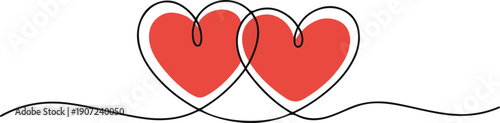 Minimalist Continuous Line Drawing of Two Intertwined Red Hearts