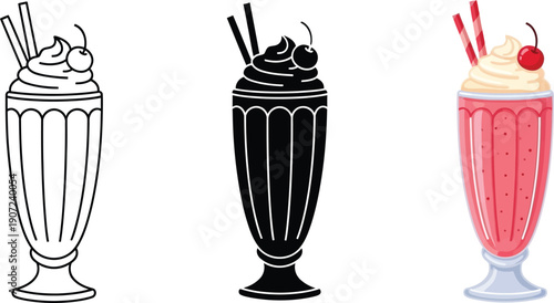 Set of milkshake illustrations including outline silhouette and full color vector graphics for food and beverage design isolated on white