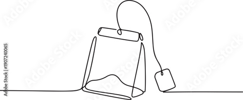 Continuous One Line Art Illustration of Paper Tea Bag with String and Tag