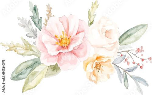 Illustration of watercolor floral arrangement with pink and white roses and green foliage