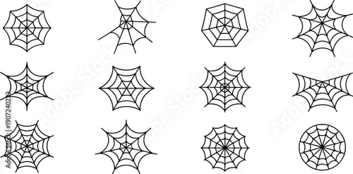 Spider web vector icons collection in black line style, spooky cobweb illustrations for Halloween decoration, horror design elements, isolated spiderweb shapes on white background.
