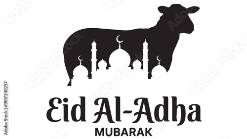 Minimalist black and white vector logo representing the Islamic Festival of Sacrifice, with a graceful sheep and mosque silhouettes for celebration greetings