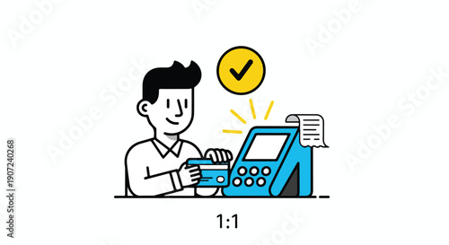 Vector illustration of man paying with credit card at POS terminal, successful transaction, isolated on white