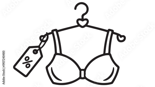 A Simple Black and White Illustration of a Bra Hanging on a Hanger with a Price Tag Showing a Percentage Symbol for a Sale or Discount