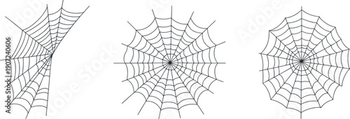 Spider web vector set illustration showing three different cobweb designs, Halloween spooky decoration element, abstract geometric web pattern isolated on white background for creative graphic design.