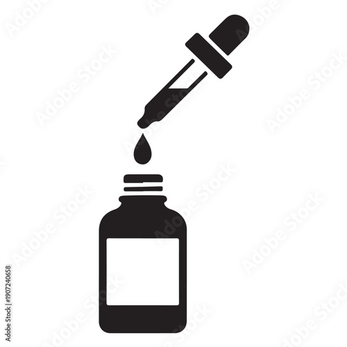 A minimalist black and white icon illustrating a dropper dispensing liquid into a bottle, symbolizing science and health