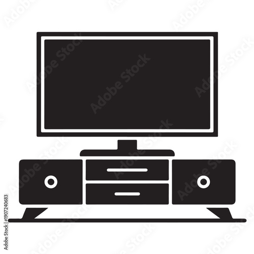 Sleek minimalist black and white vector illustration of a modern flat-screen television placed on a contemporary media console cabinet, perfect for home entertainment concepts and digital media design