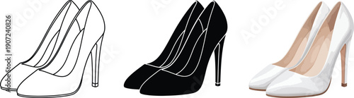 Collection of high heel shoe illustrations including outline silhouette and realistic styles perfect for fashion design and e-commerce