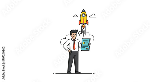Businessman with document and launching rocket vector illustration, startup business concept, isolated on white
