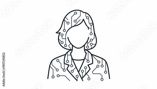 A minimalist line illustration of a little girl dressed as a female scientist for World Day of Woman and Girls in Science against a clean white background with a simple design.